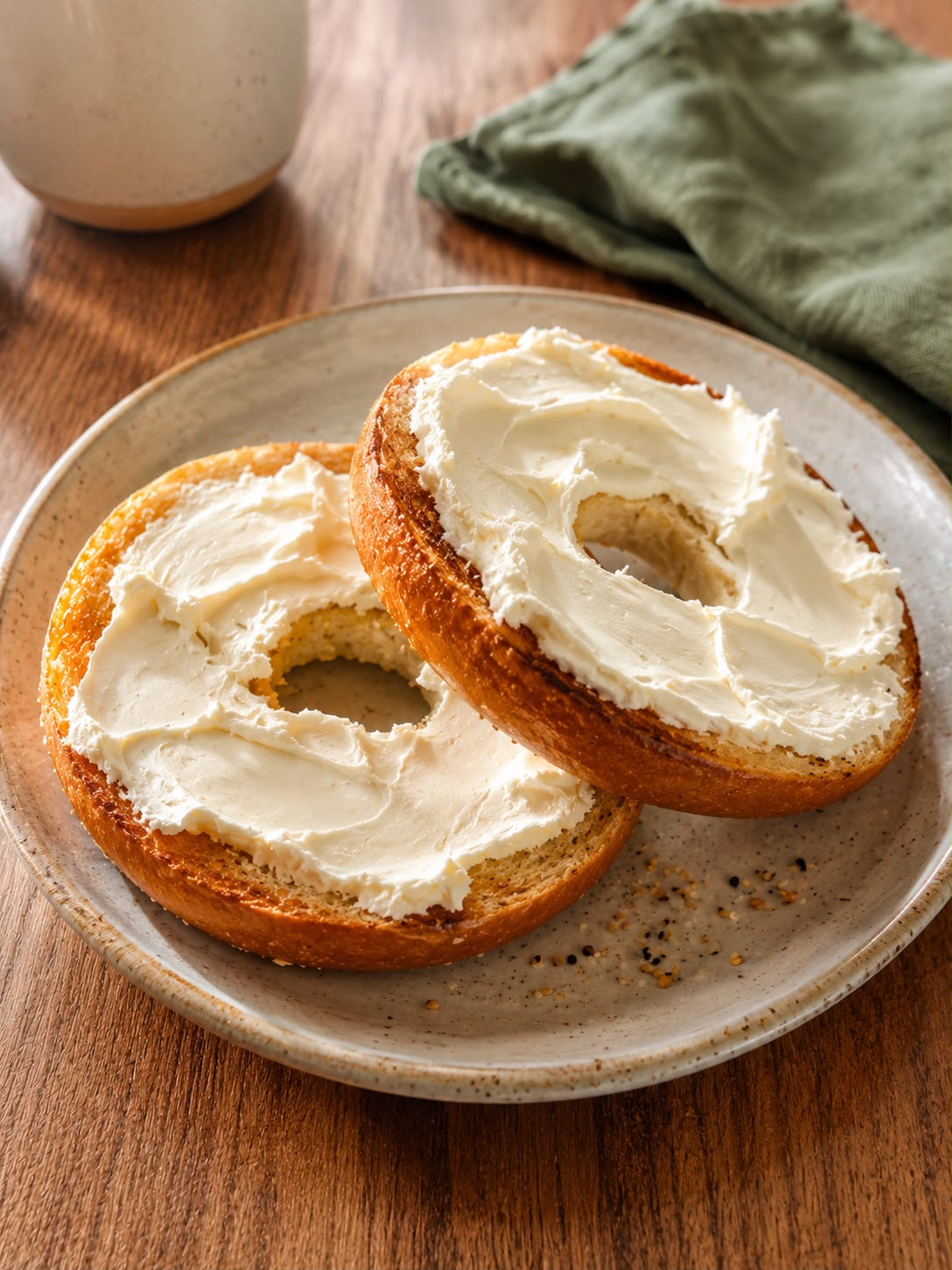 Toasted bagel with vegan cream cheese